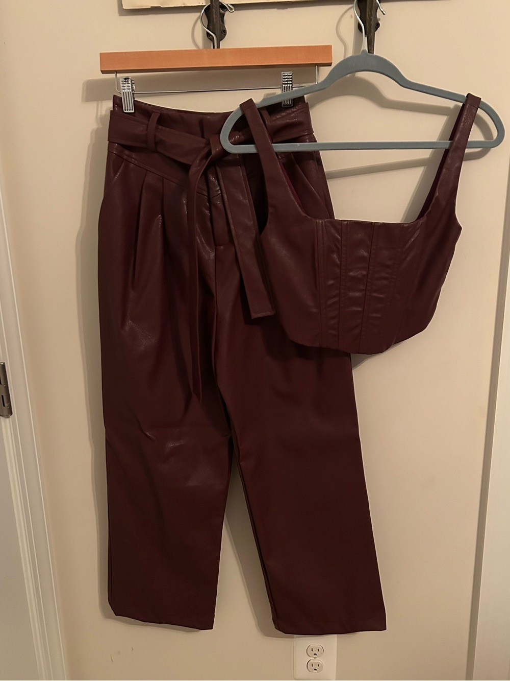 Lovers + Friends Bardot Burgundy Faux Leather Corset & Trouser Set XS